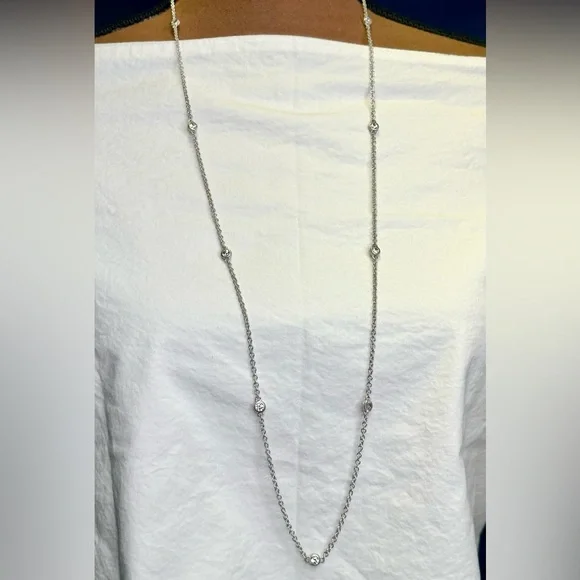 JUDITH RIPKA 925 Sterling Silver CZ Diamonique Station Chain Necklace; 36”